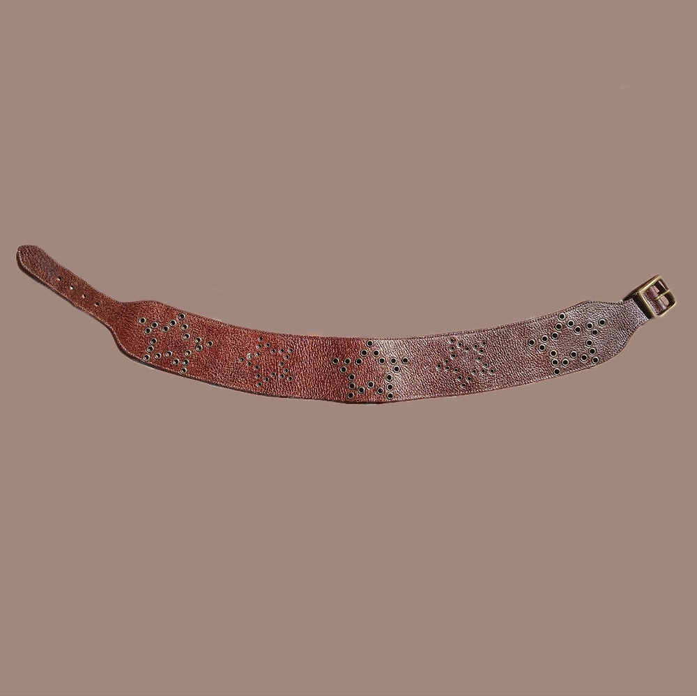 Gerard Darel Brown Leather Studded Belt, Designer, Gold Color Hardware, WSize 32